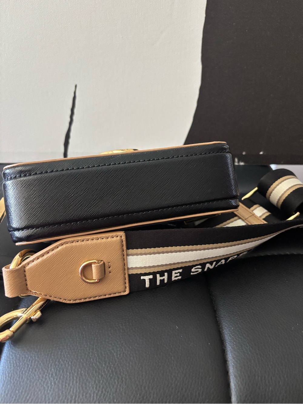 Marc Jacobs Tan & Black Snapshot Crossbody with Striped Strap - Picture 7 of 11